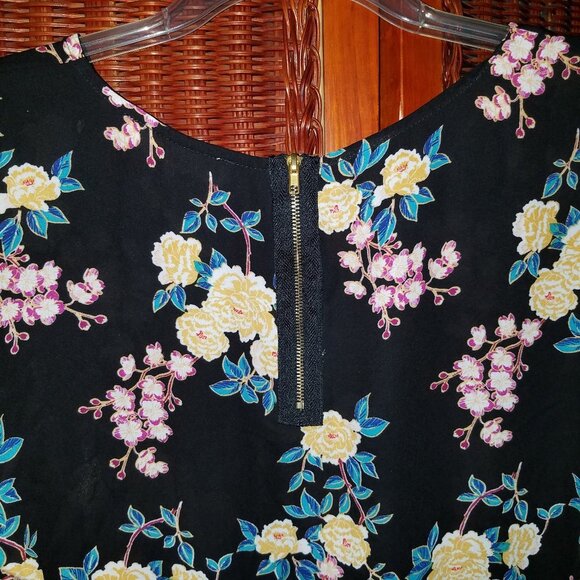 Pink Rose Beautiful Black Yellow Floral Sheer Cap Sleeve Blouse Medium - Picture 6 of 11
